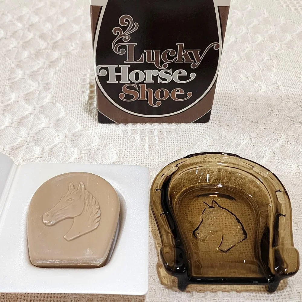 MCM Avon Lucky Horseshoe Glass Soap Dish + Scented Trazarra Horse Bar Soap